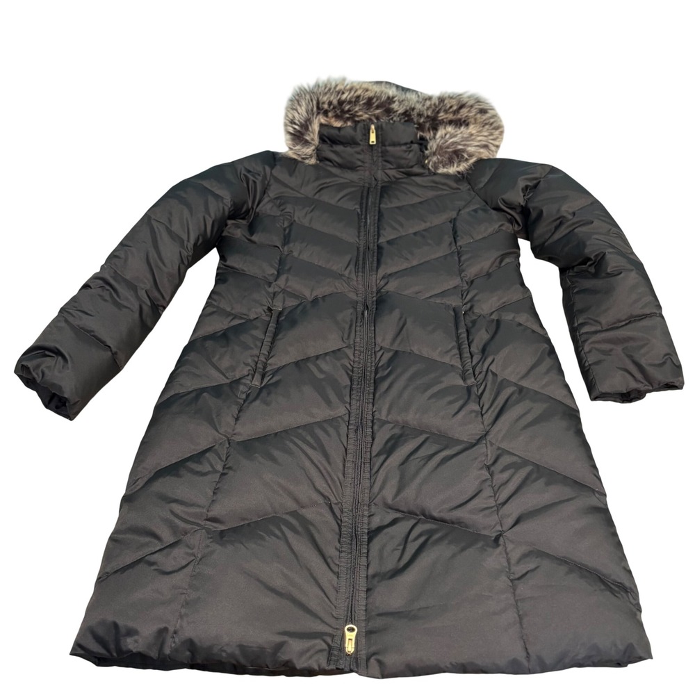 Lands' End Down Puffer Parka Women M 10-12 Black Long Faux Fur Trim Hooded Coat